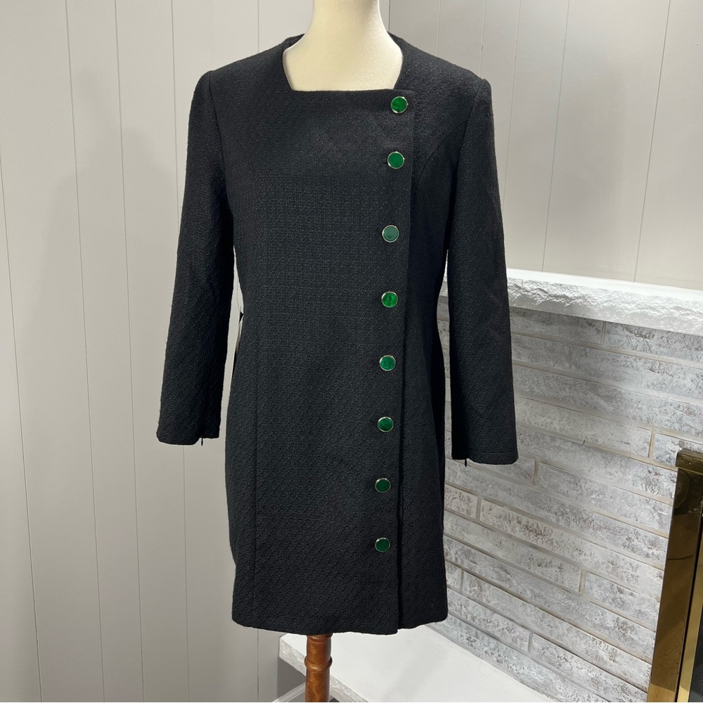 Pomander Place Black Mini Dress with Green Accent Buttons
